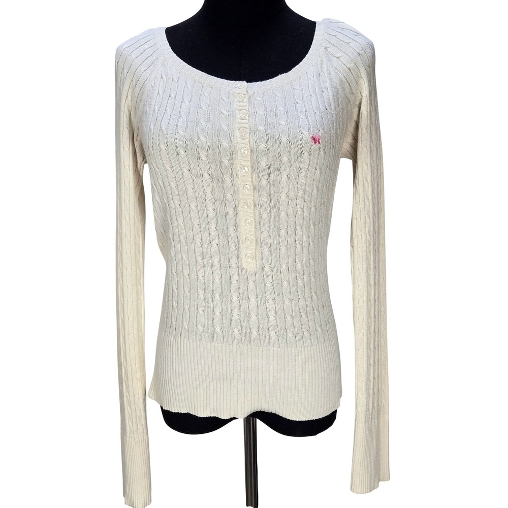 Women's Y2K Aeropostale Large Cream Cable Knit Henley Butterfly Sweater